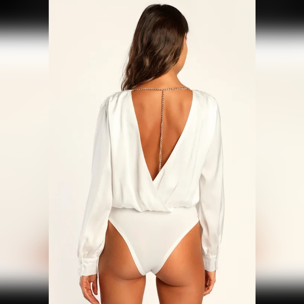 Lulus Vibe for Tonight White Surplice Long Sleeve Chain Bodysuit - Picture 7 of 9